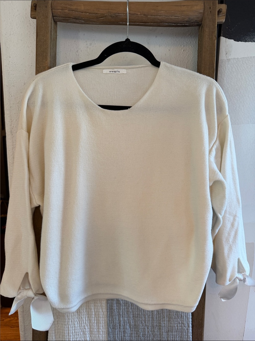 Cream Crew Neck Sweater /blouse with Tie Cuff Detail
